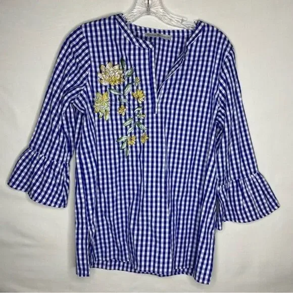 Avon Signature Collection Blue White Gingham Plaid Floral Embroidered V Neck S - Picture 2 of 11